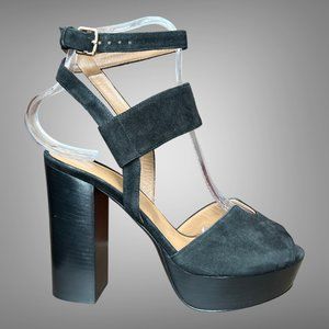Hermes New Melrose Black Goatskin Suede Platform Sandal Pumps Shoes EU 37 Heels